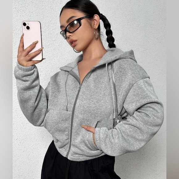 Gray Cropped Zipper Hoodie - Picture 1 of 6